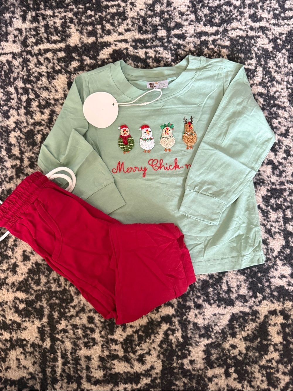 Kids Mint Green 'Merry Chick-mas' Holiday Jogger Set with Red Pants